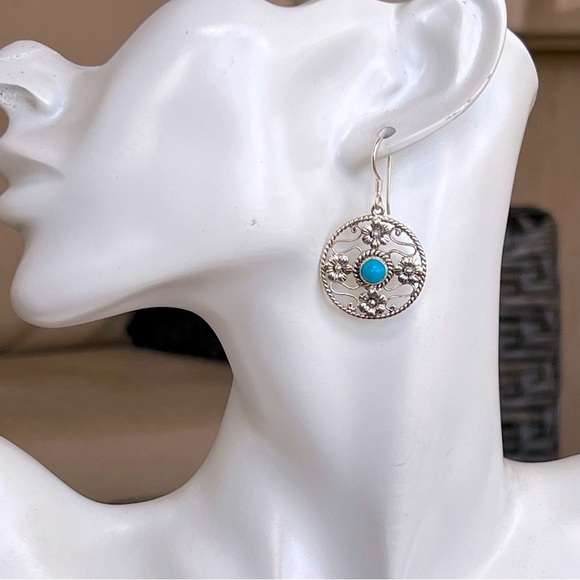 Arizona Sleeping Beauty Turquoise Sterling Silver Floral Dangle Earrings - Picture 6 of 10